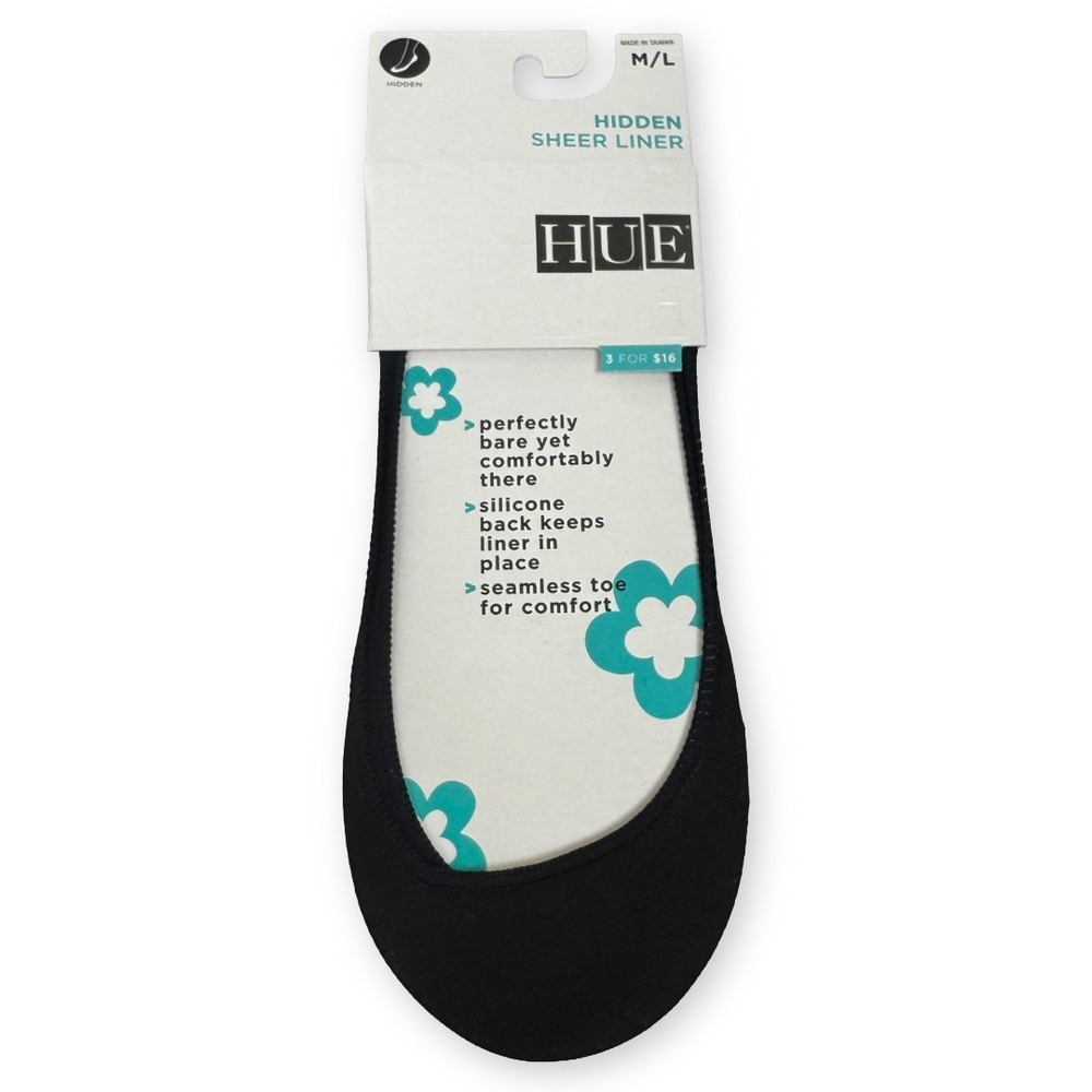 HUE Hidden Sheer Liner Black No Show Socks M/L Silicone Grip Seamless Toe 79001